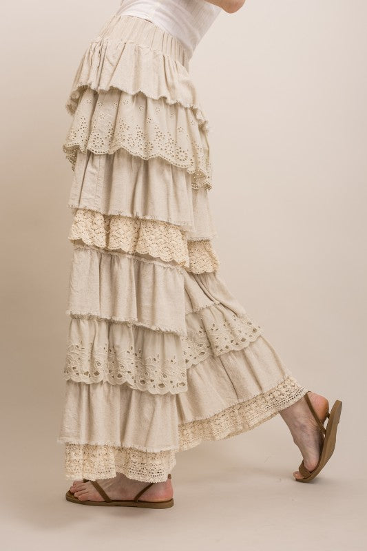 EYELET & LACE MIX TIERED LACE RUFFLE PANTS