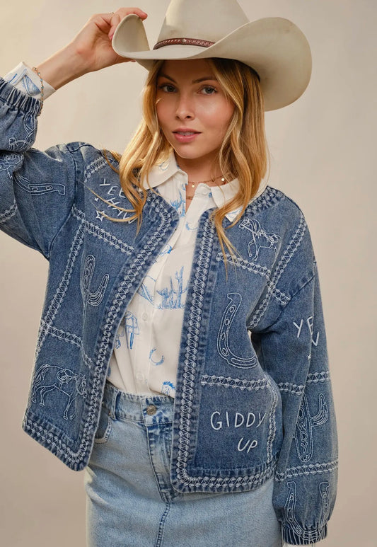 Western Embroidery Puff Sleeve
Denim Jacket
