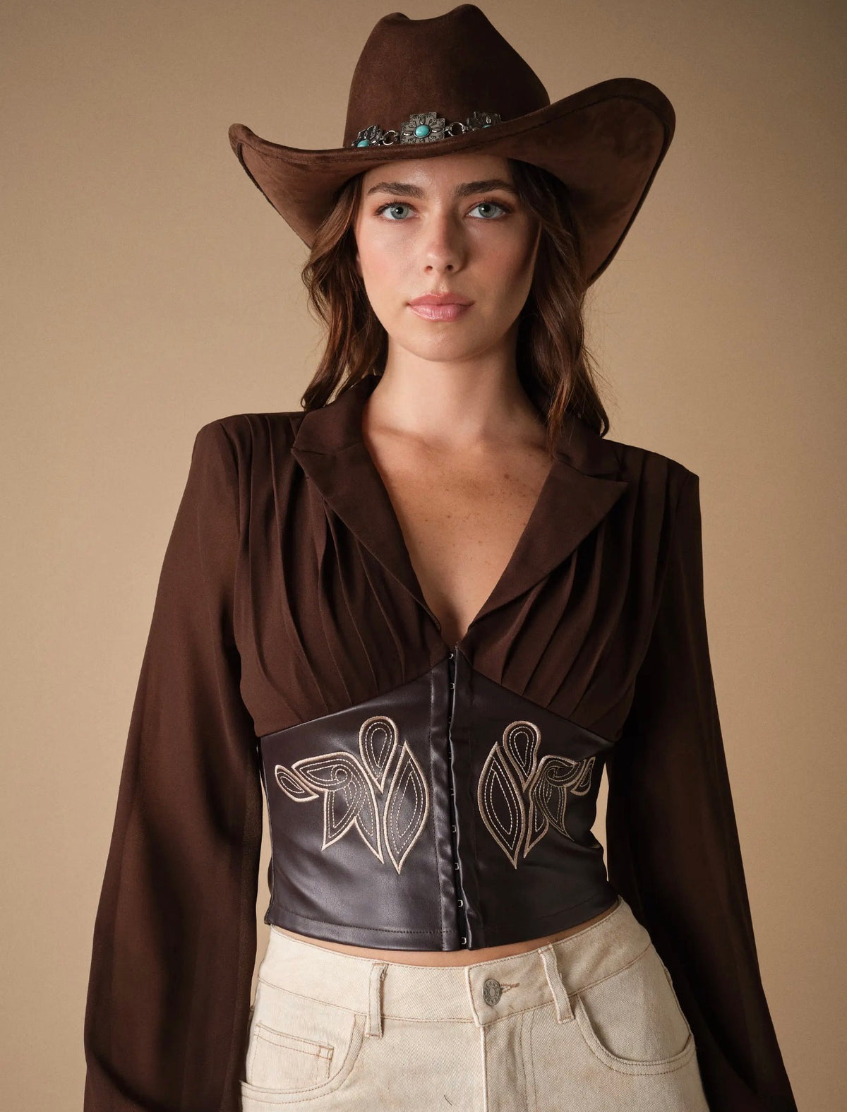 Western Embroidered Faux Leather
Panel Top