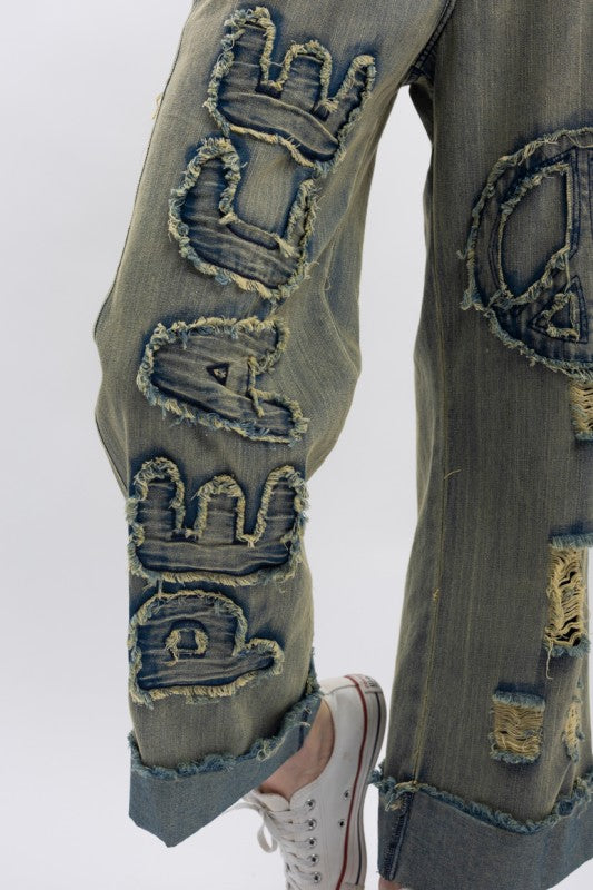 Peace Patch Distressed Denim Pants