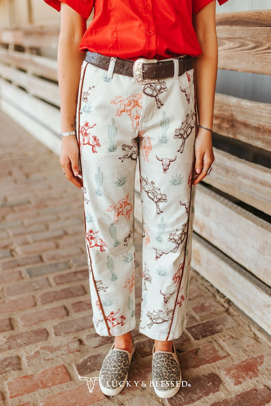 CREAM WESTERN PRINT STRETCH DENIM MID RISE BARREL JEANS   (28IN INSEAM)