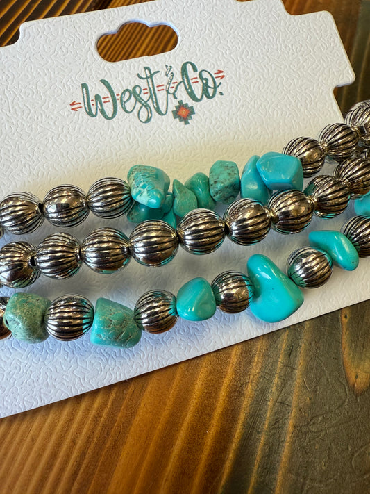 3 Strand Turquoise & Melon Stretch Bracelet