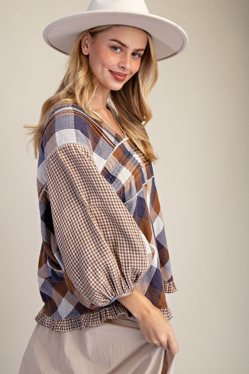 CHECKERED WASHED COTTON GAUZE TOP