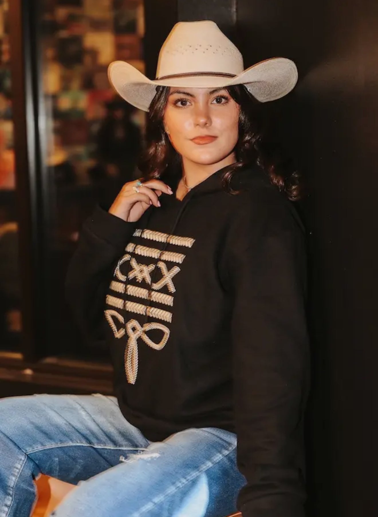 Black Hoodie W Ivory Boot Stitch Embroidery