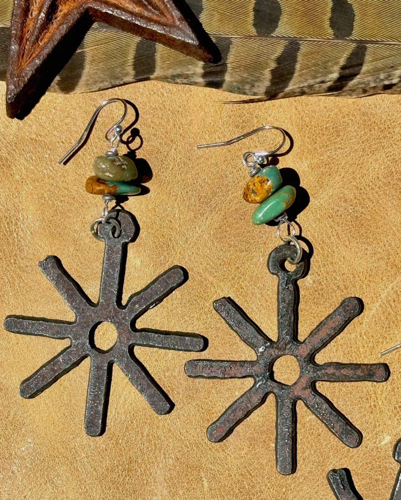 Rustic Metal Spur and Turquoise Earrings