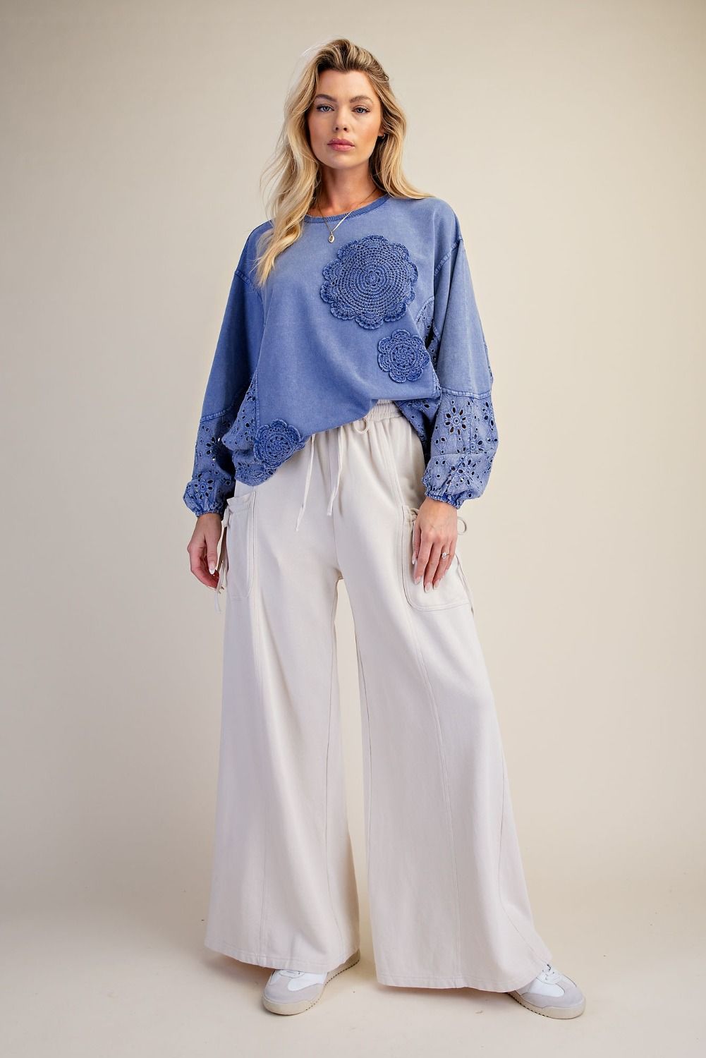 CROCHET PATCH DETAILING WASHED TERRY TOP