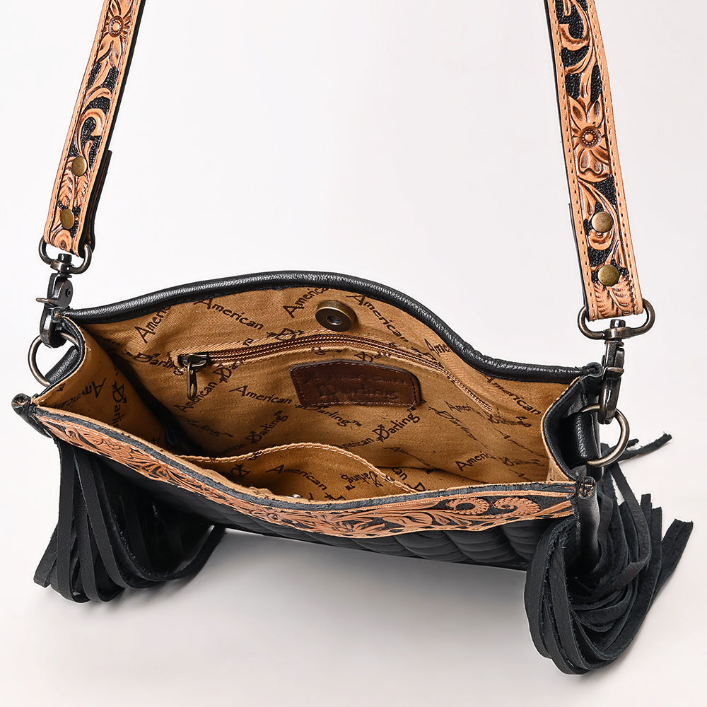 Black Genuine Leather Crossbody Bag with Hand-Tooled Details and Fringes