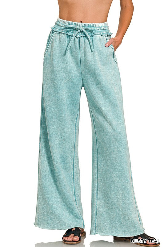 Acid Wash Fleece Palazzo Sweatpants With Pockets