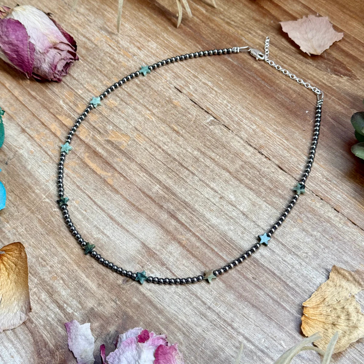 15" African Turquoise Star
Necklace - Sterling Silver Pearls