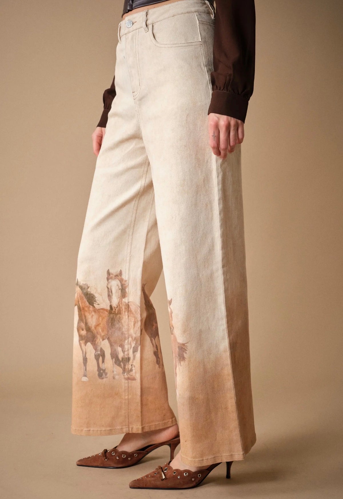 Western Horse Print Wide Leg Jeans