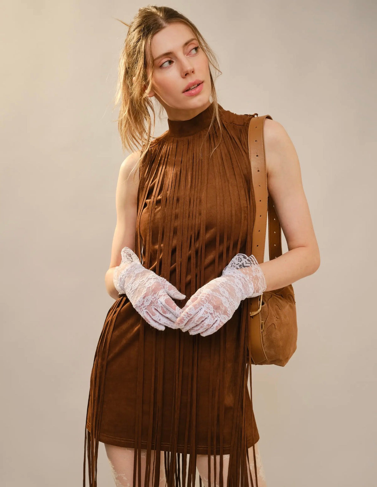 Mock Neck Suede Fringe Mini Dress