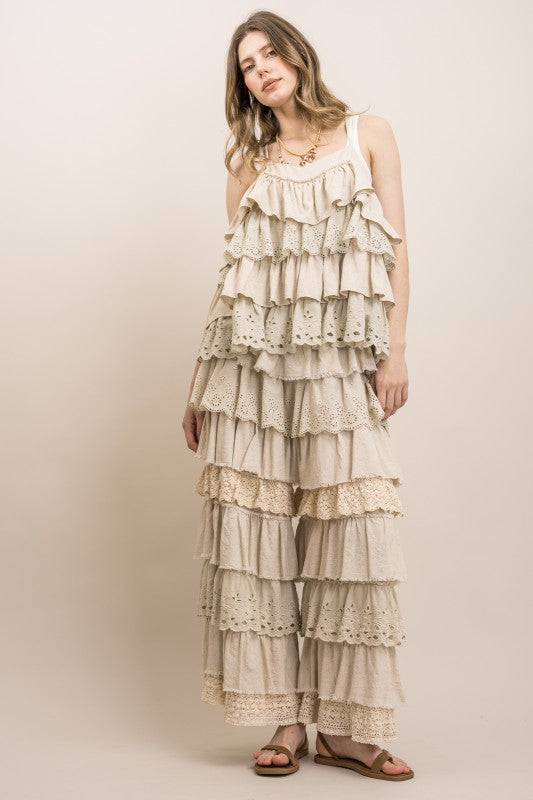 EYELET & LACE MIX TIERED LACE RUFFLE PANTS