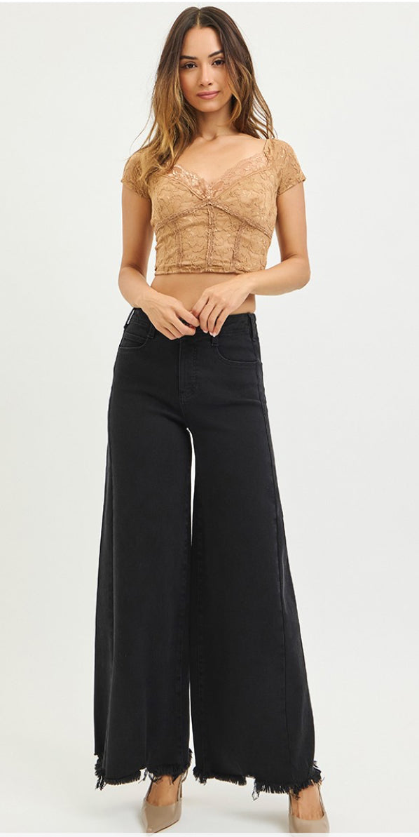 Risen Tummy Control High Rise Palazzo Leg Frayed Hem Jeans