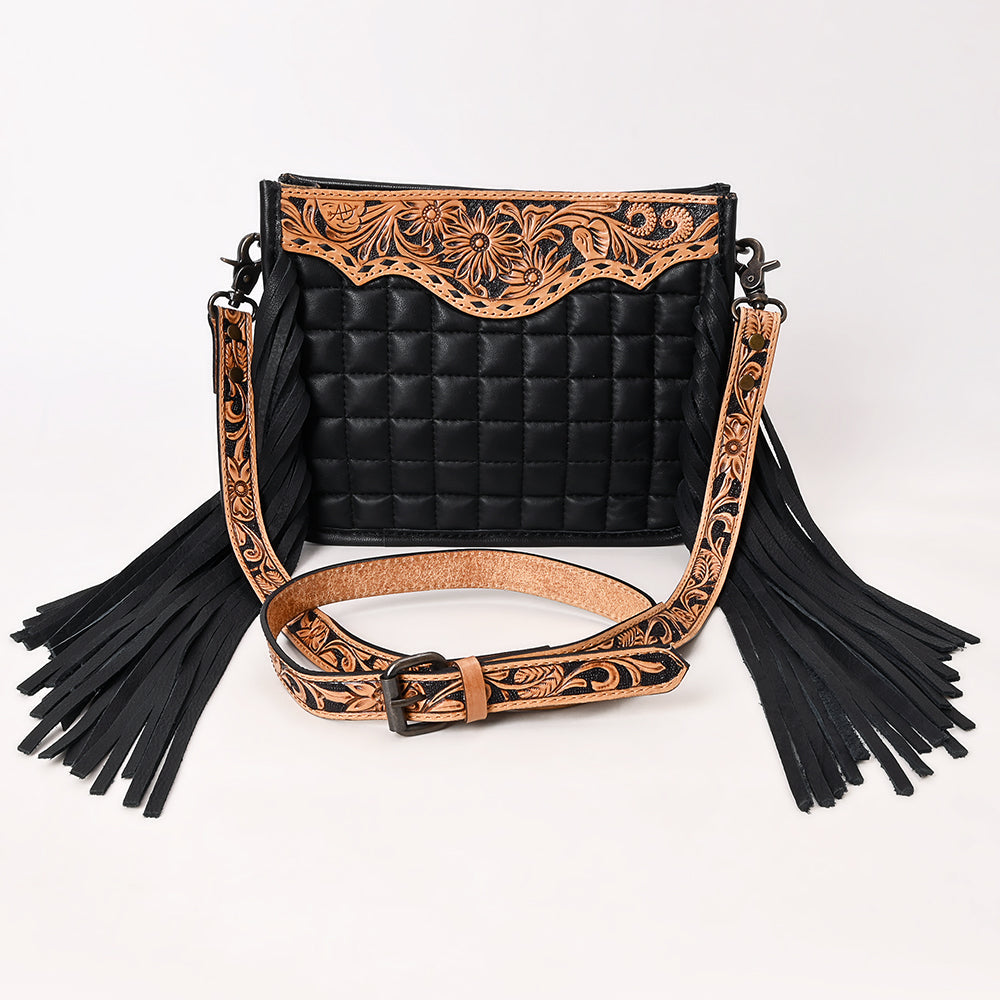 Black Genuine Leather Crossbody Bag with Hand-Tooled Details and Fringes