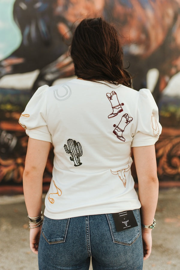 COWBOY ICONS EMBROIDERED PUFF SLEEVE TOP