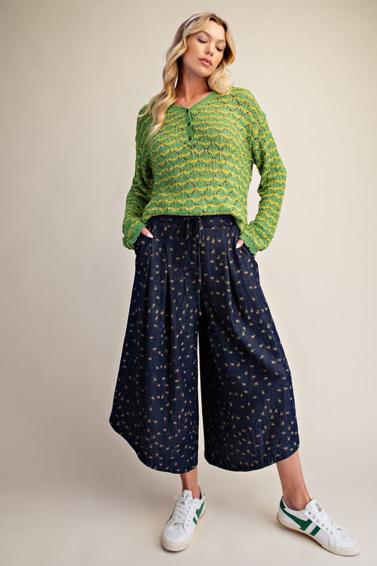 FLORAL PRINT WASHED WIDE LEG PANTS