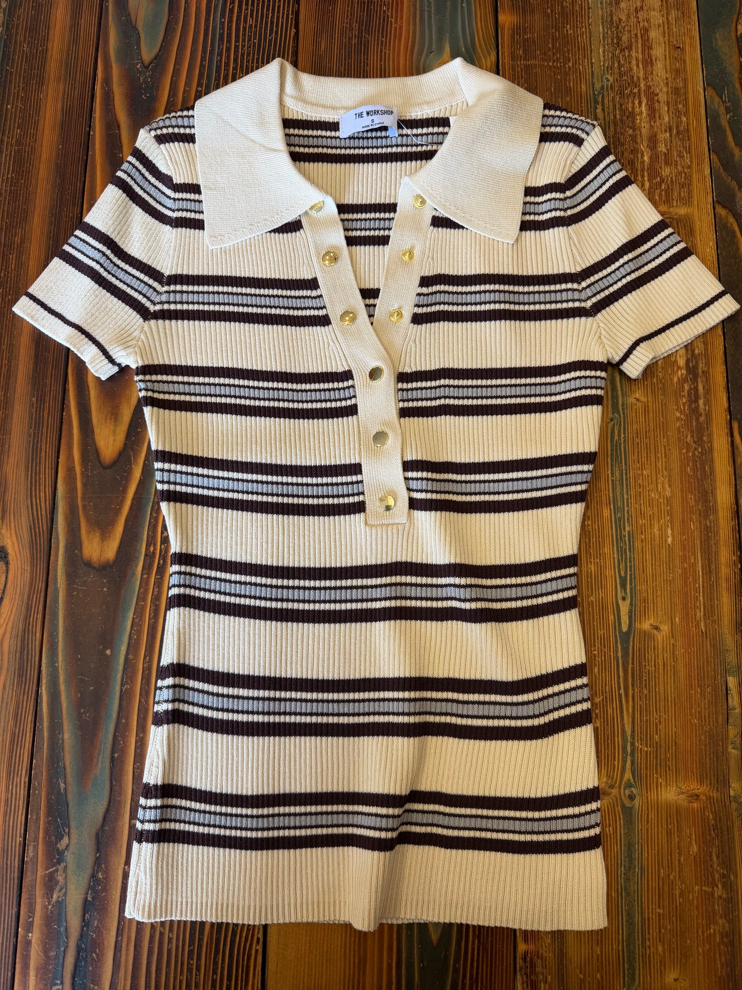 Multi-color Stripe Ribbed Polo Knit Top