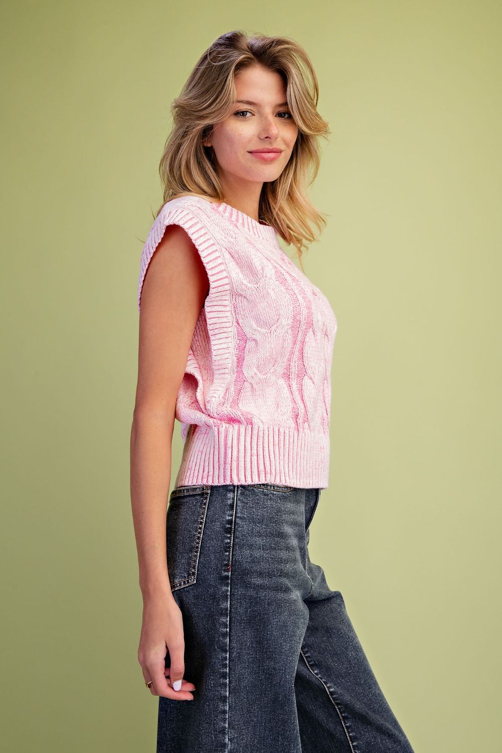 2 TONE COLOR CABLE KNIT SWEATER VEST