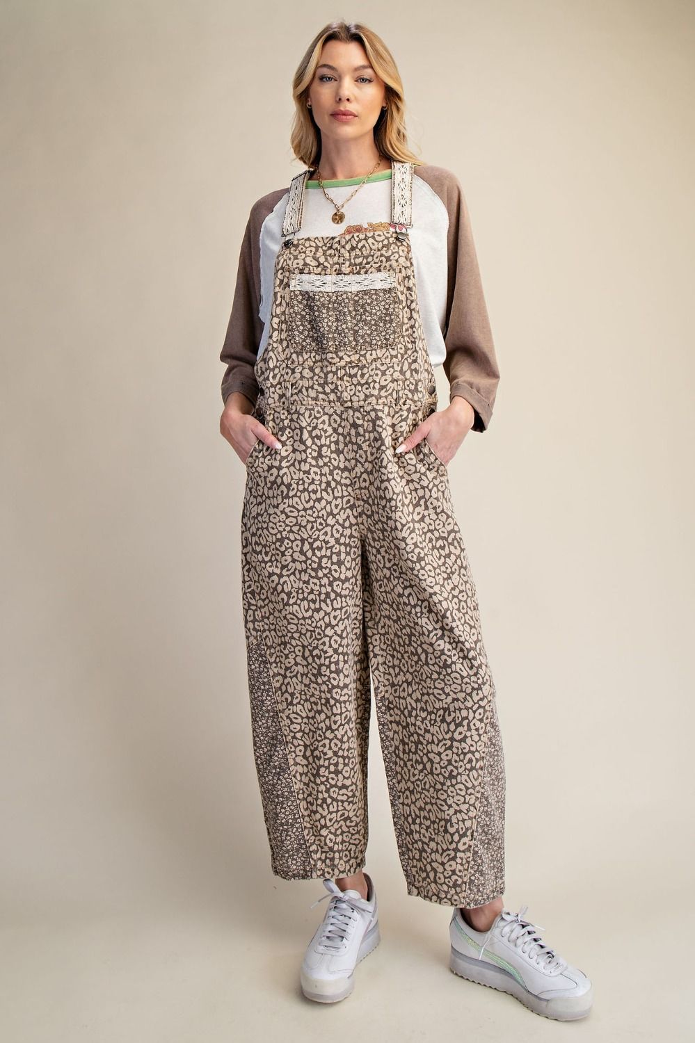 LEOPARD PRINT WASHED TWILL OVERALLS