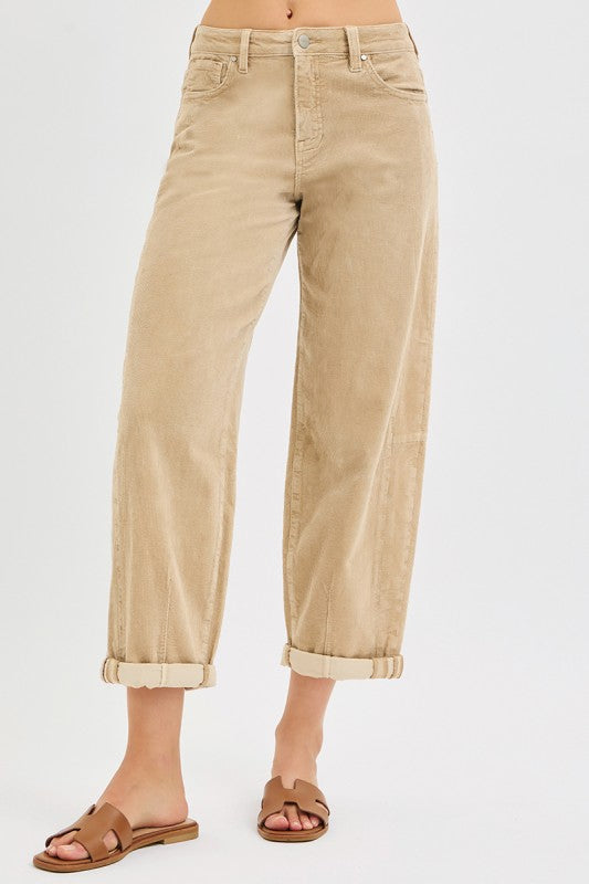 RISEN HIGH RISE CROP BARREL CORDUROY PANTS
