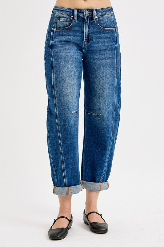 High Rise Boyfriend Cuffed Barrel Jeans