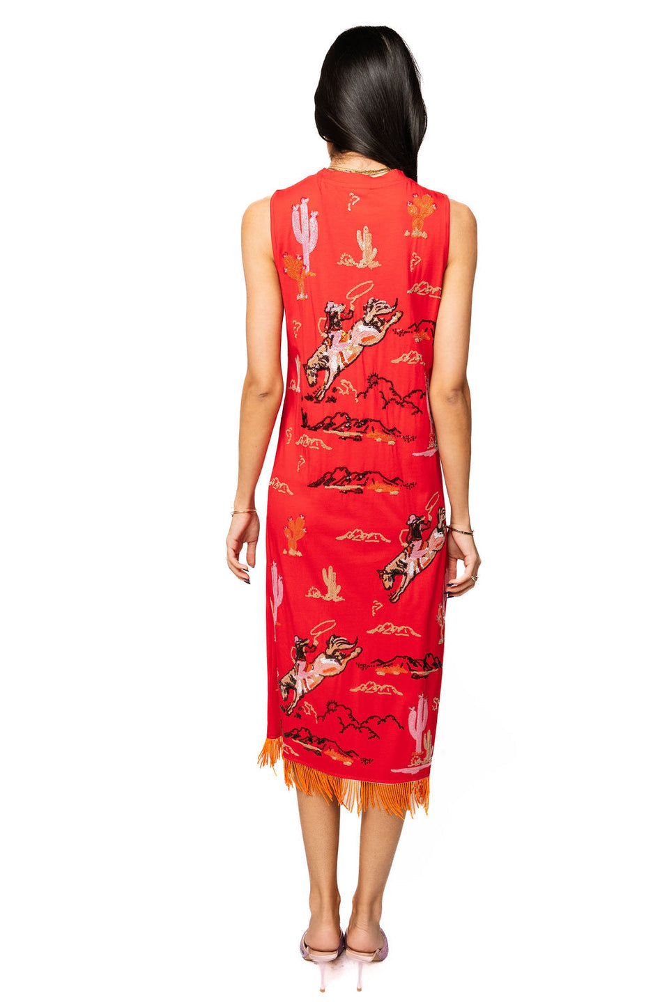 Queen Of Sparkles Red Bucking Cowgirl Fringe Bottom Midi Tank Dress