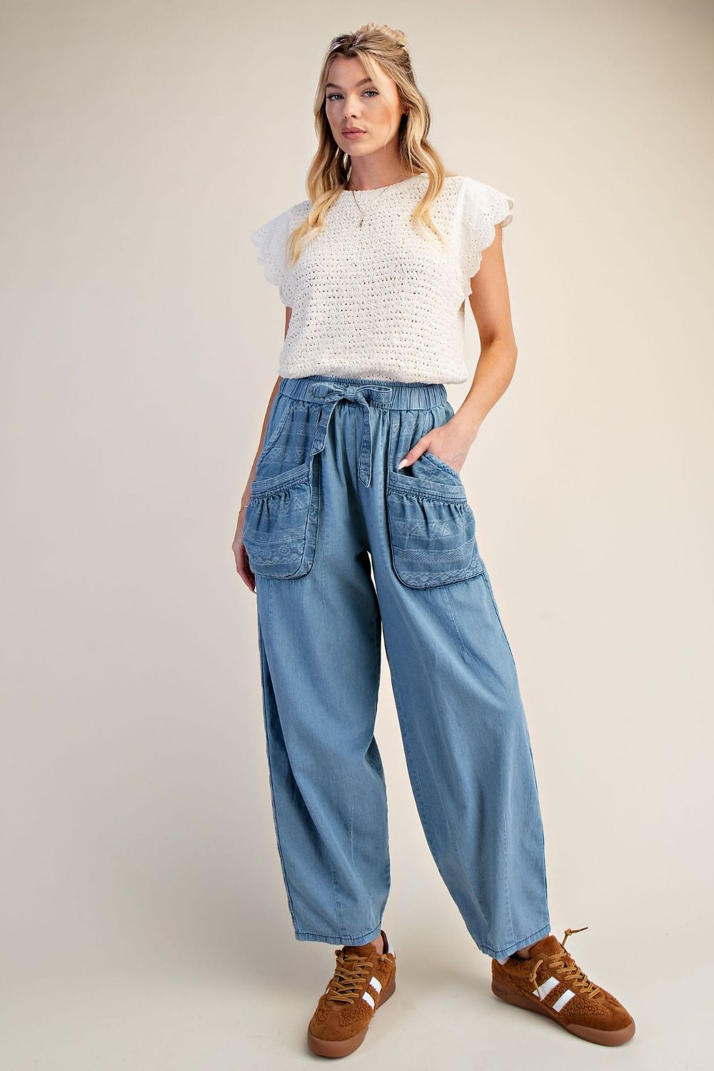 TRIBAL PATTERN MIX WASHED DENIM BARREL PANTS