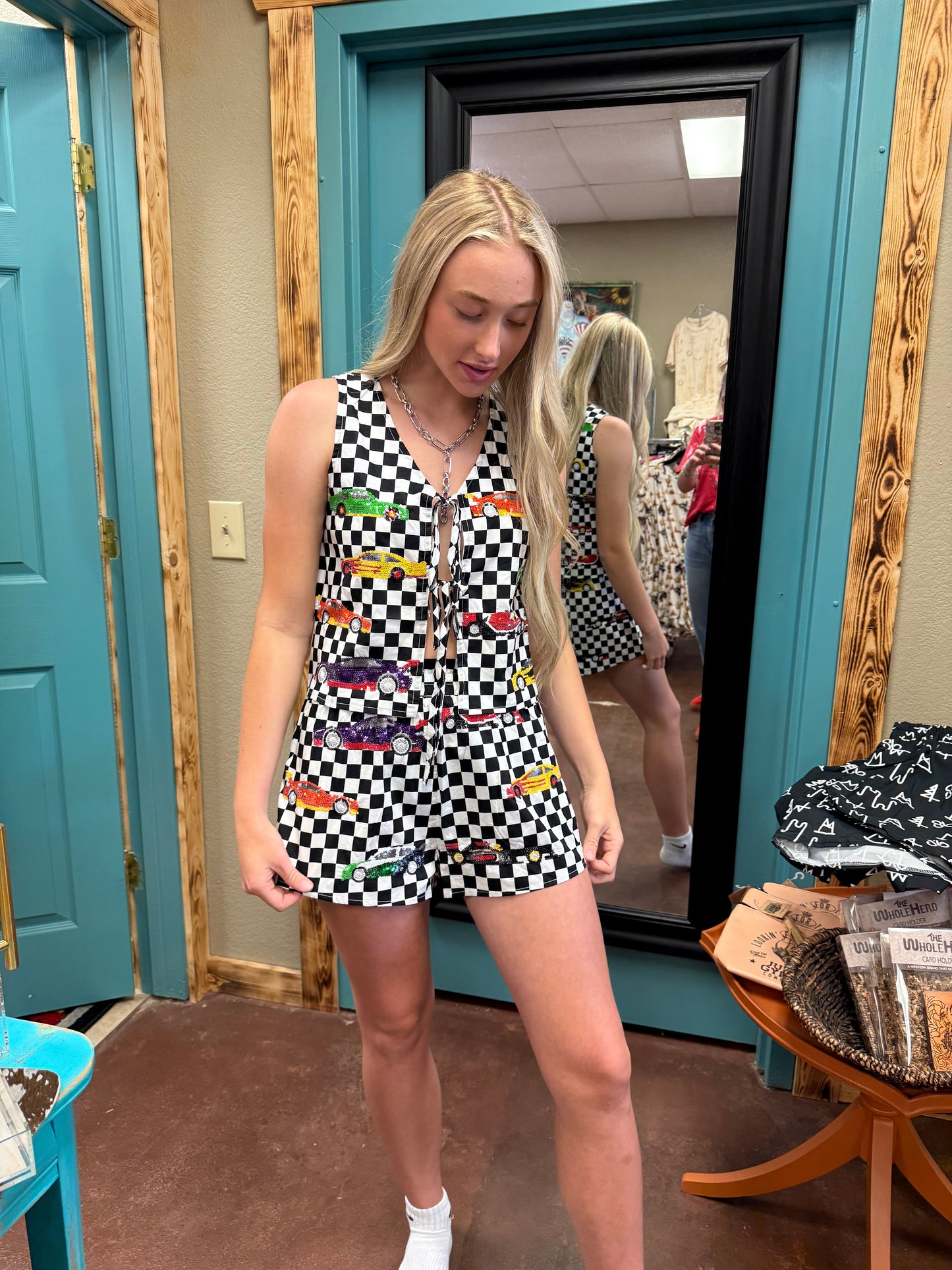 Queen Of Sparkles Checkered Cotton Race Car Top OR Shorts