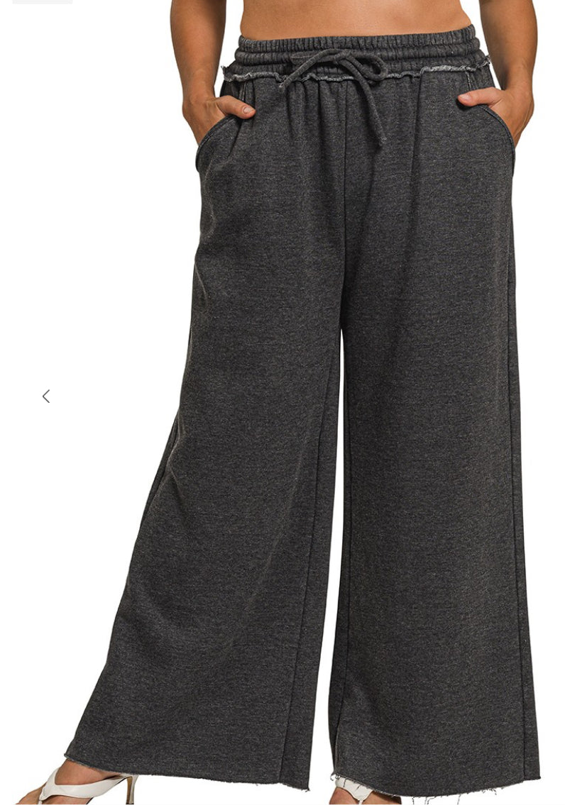 Acid Wash Fleece Palazzo Sweatpants With Pockets (Plus)