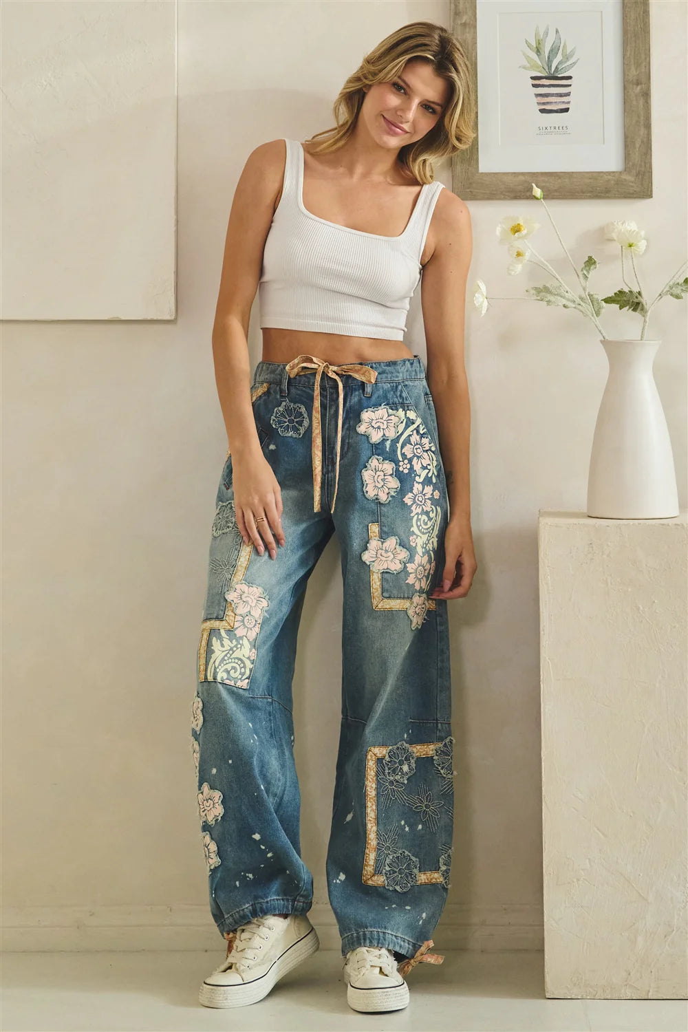 WASHED BLOCK PATCHED DENIM PANTS