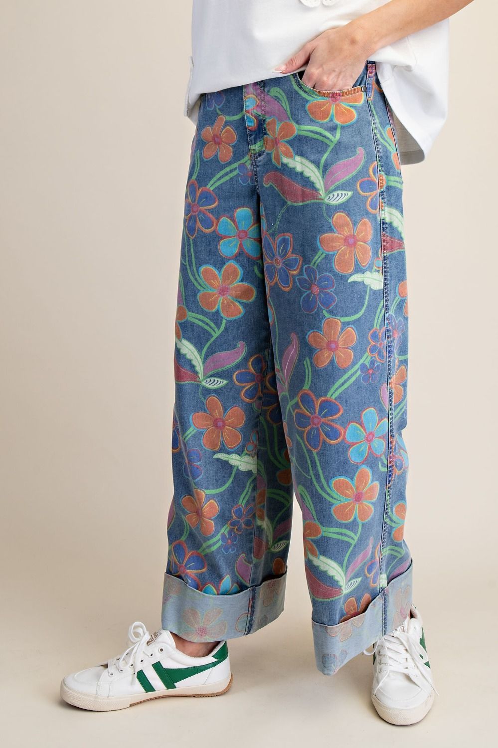 SIGNATURE PRINT WASHED STRETCH DENIM PANTS