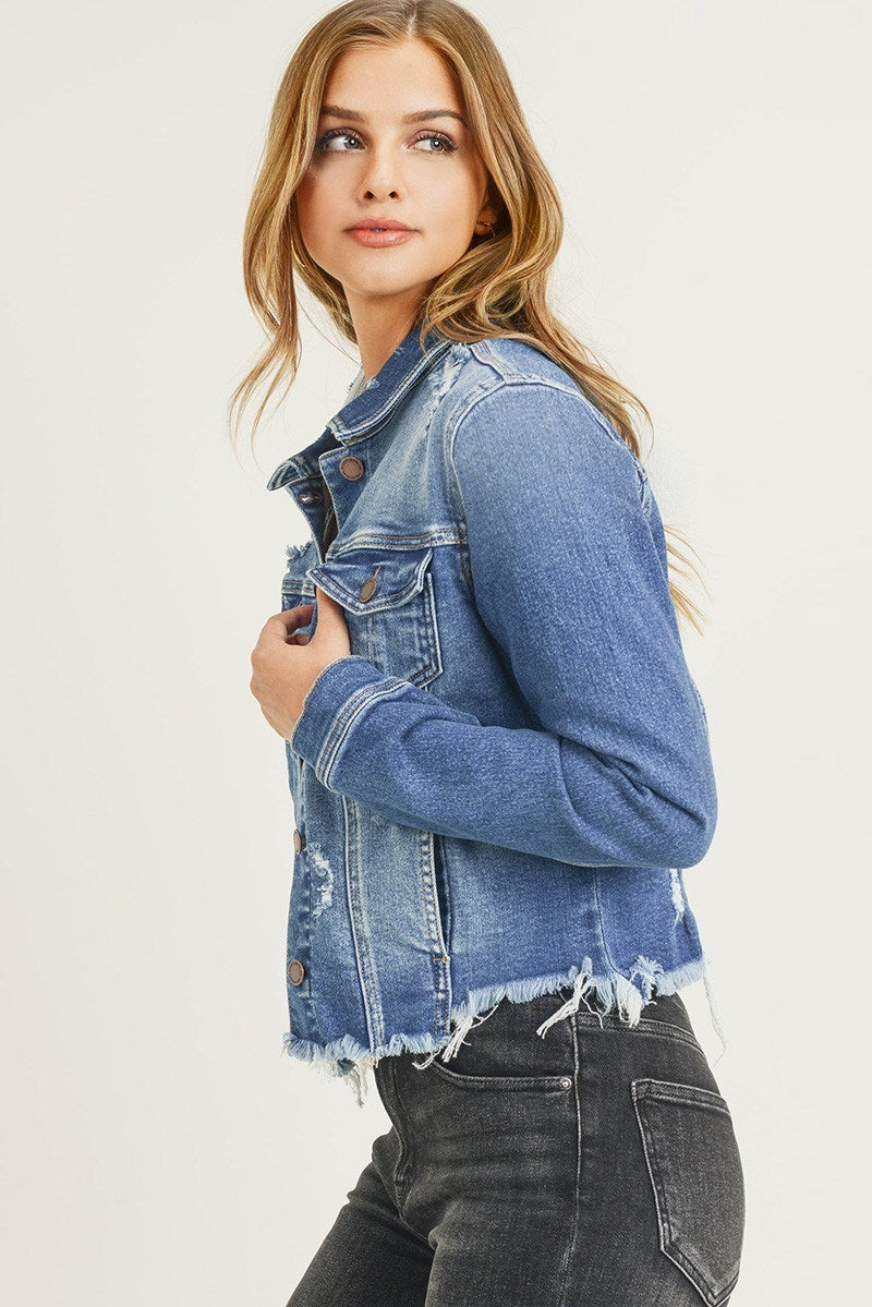 •RISEN DISTRESSED VINTAGE FRAYED HEM JACKET