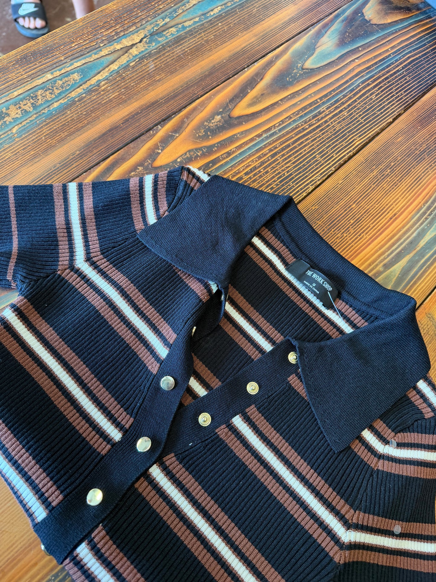 Multi-color Stripe Ribbed Polo Knit Top