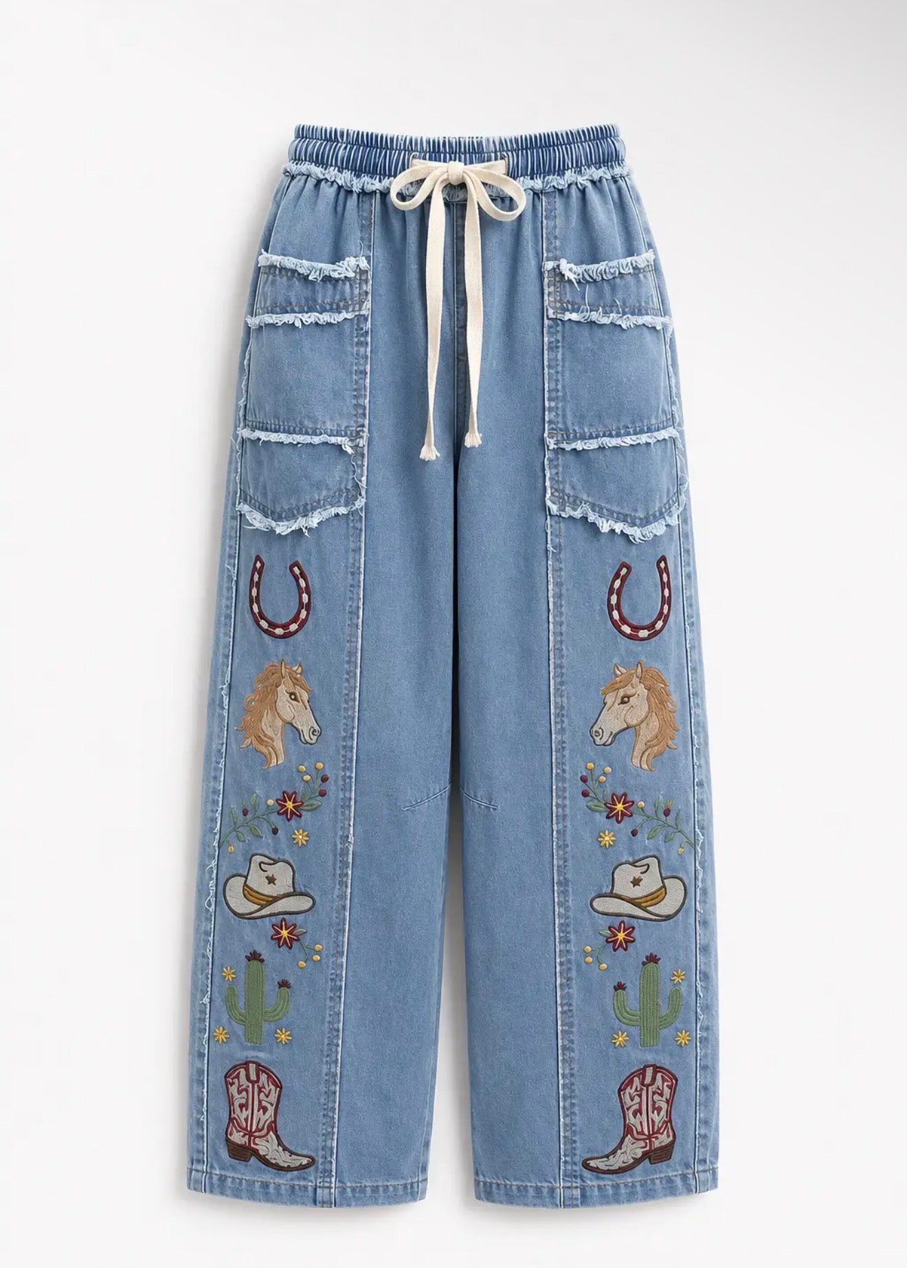 Western Embroidered Tie Waist Pants