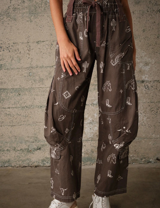 Western Print Cotton Cargo Pants