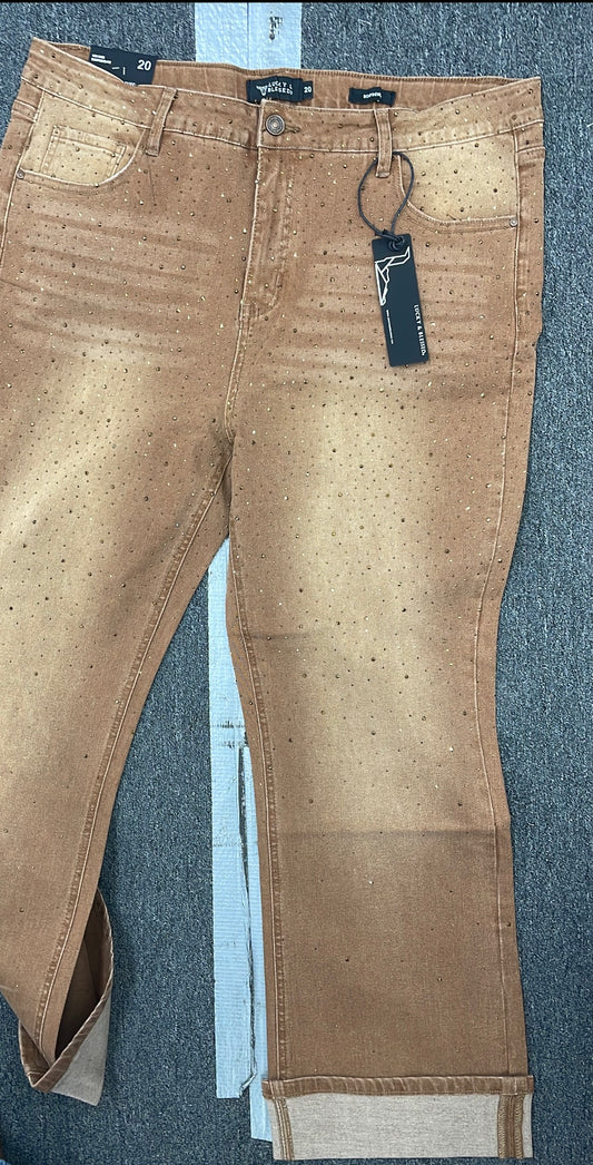 BROWN IRIDESCENT RHINESTONE CUFFED BOYFRIEND HIGH RISE
JEANS (28IN INSEAM)