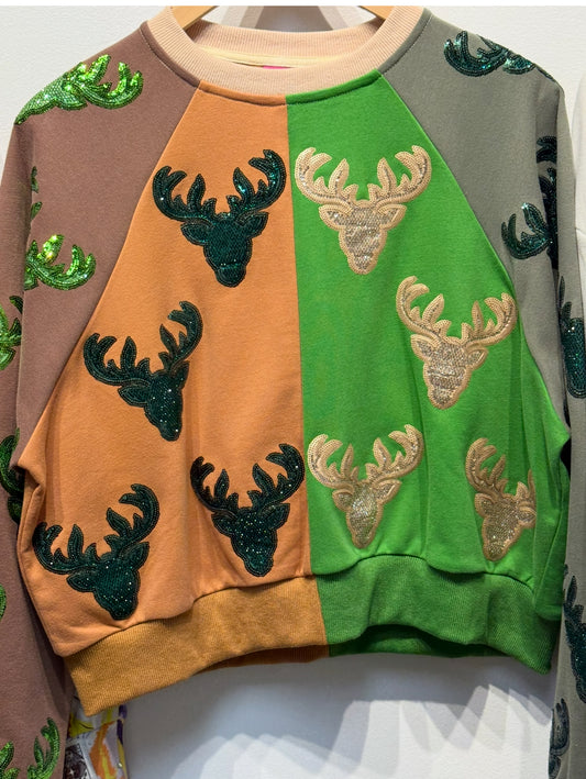 Queen Of Sparkles Colorblock Deer Print Sweatshirt