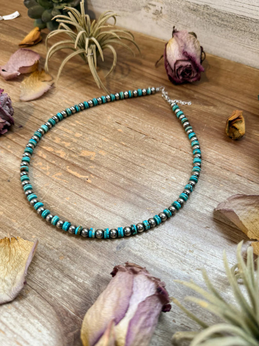 Sterling Silver & Turquoise
Heishi Necklace - 16.5"- 6 mm Sterling Pearls