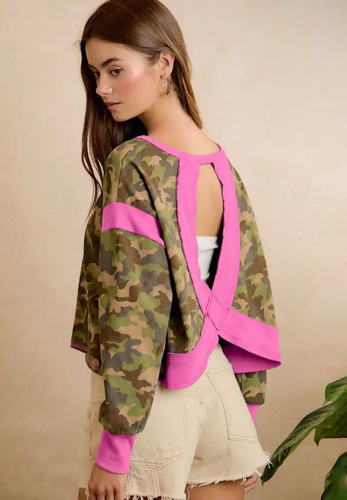 CAMO JERSEY OPEN BACK LONG SLEEVES TOP