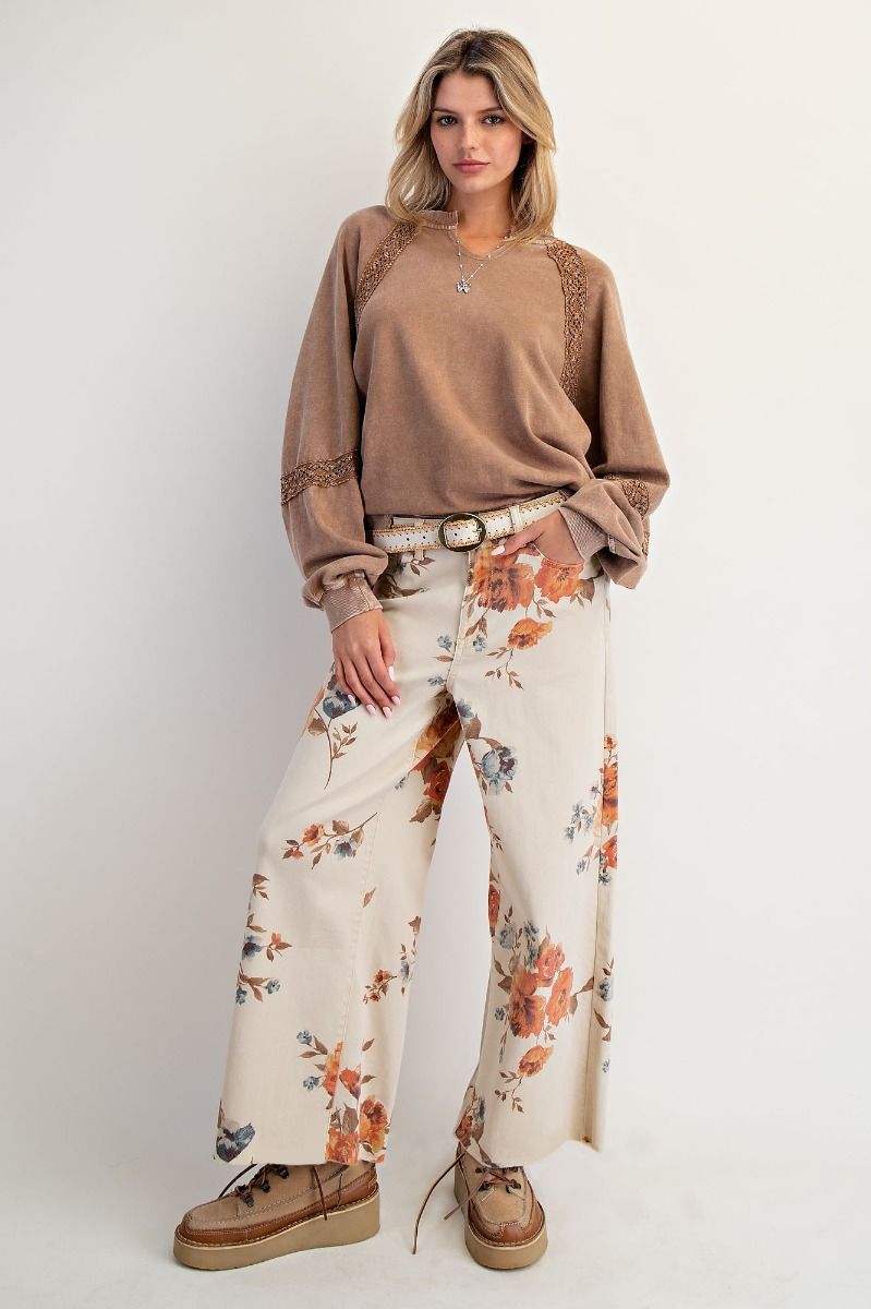 FLOWER PRINT STRETCH WASHED TWILL PANTS
