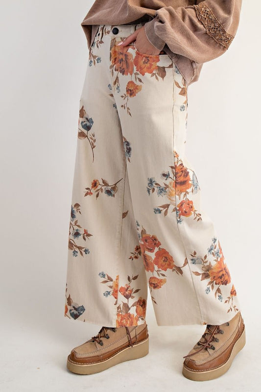 FLOWER PRINT STRETCH WASHED TWILL PANTS