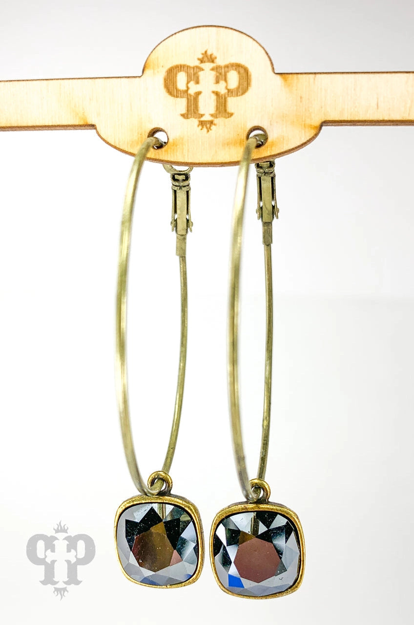 Austrian Square Crystal Hoop Earring, 12mm