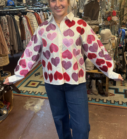 Queen Of Sparkles White Multi Rhinestone Hearts Button Up Top