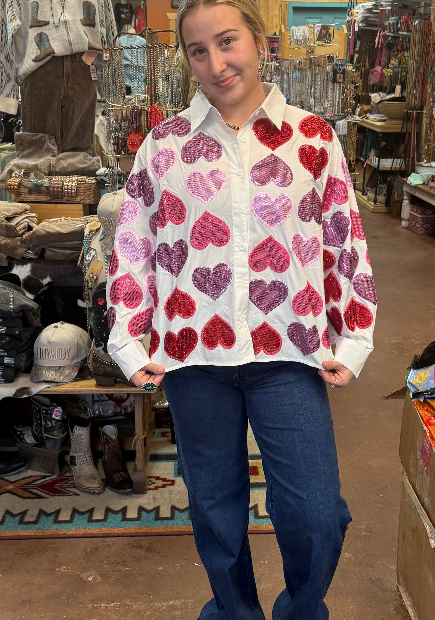 Queen Of Sparkles White Multi Rhinestone Hearts Button Up Top