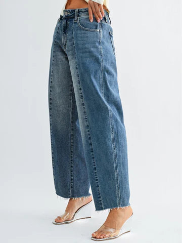 Pleated Two Tone Barrel Jeans