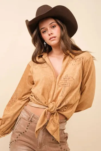 Suede Embroidered Tie Front Top