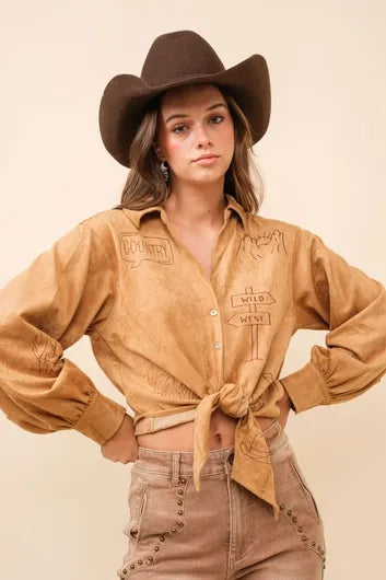 Suede Embroidered Tie Front Top