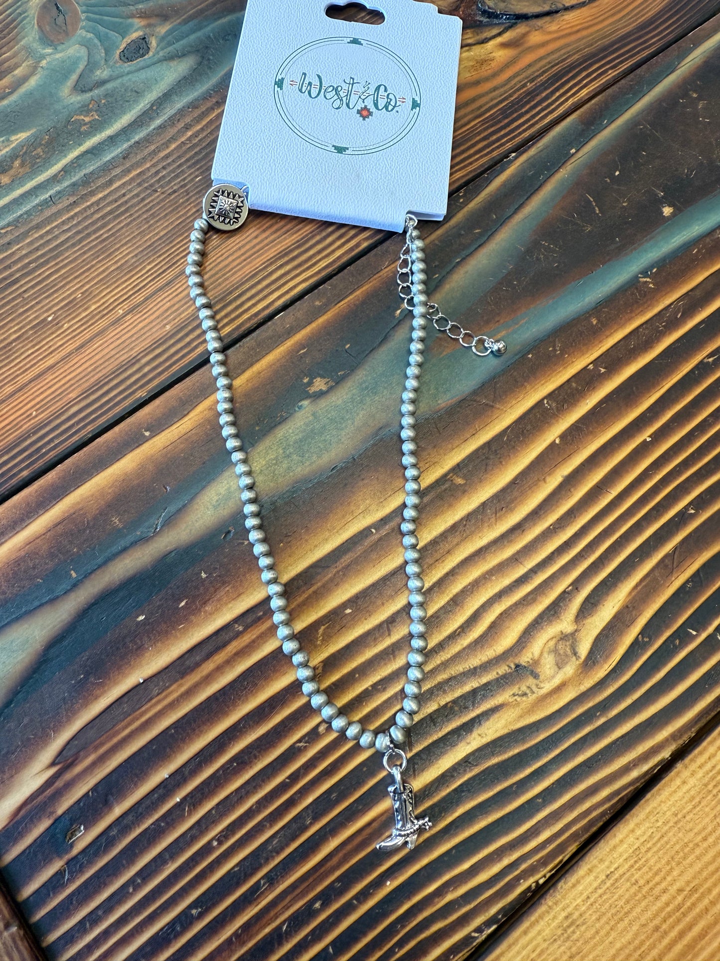 Dainty Faux Navajo Pearl Necklace w Boot Charm