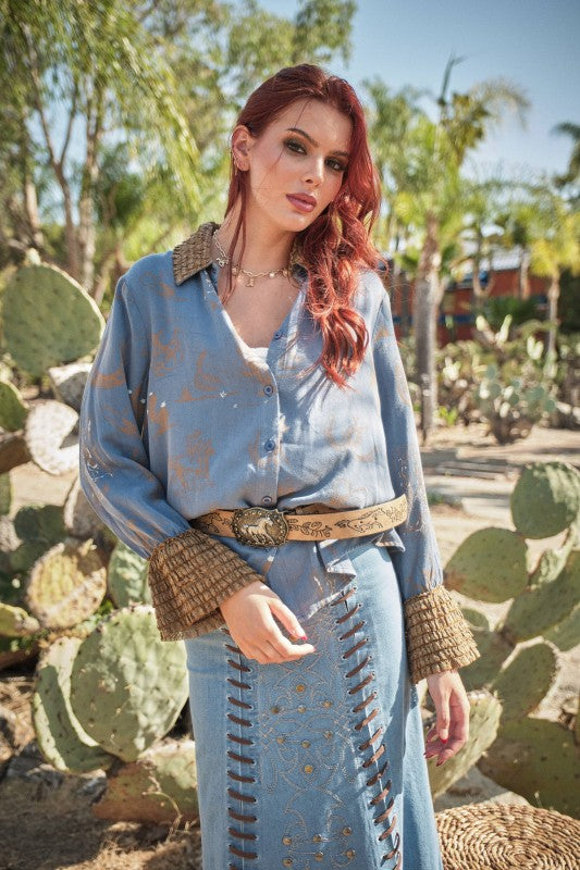 Ruffle Cuff Denim Shirt