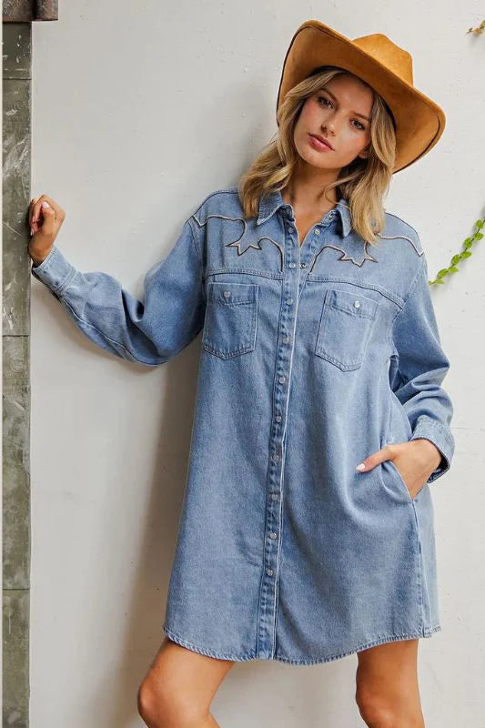 Denim Embroidered Yoke Dress